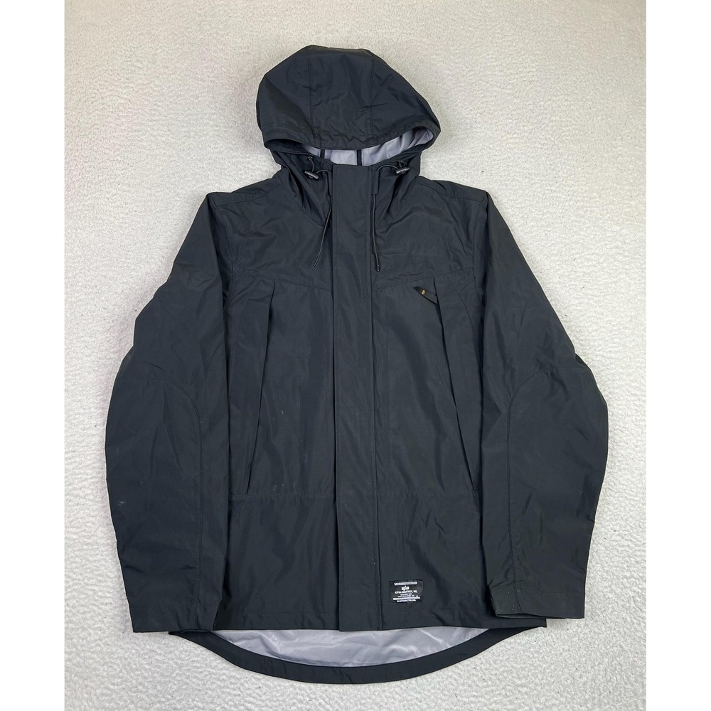 Alpha Industries Jacket Mens Small‎ Black Hooded Rain Coat Full Zip Lined Shell